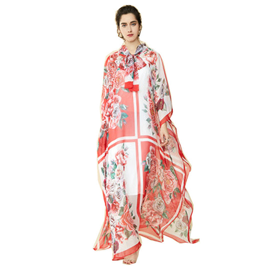 Bohemia Chiffon Long Floral Print Maxi Dress Loose Kaftan Dresses With Rose Print