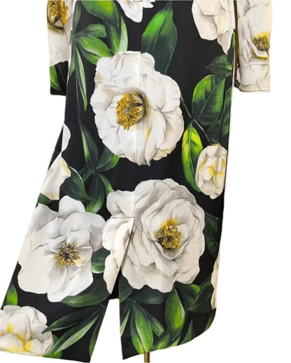 Italian Luxury Designer White Roses Print Long Sleeve 100% Silk Midi Dress – Elegant Women's Spring Summer Dress
