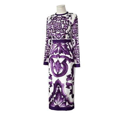 Italian Luxury Purple Majolica-Inspired Print 100% Silk Midi Dress for Women