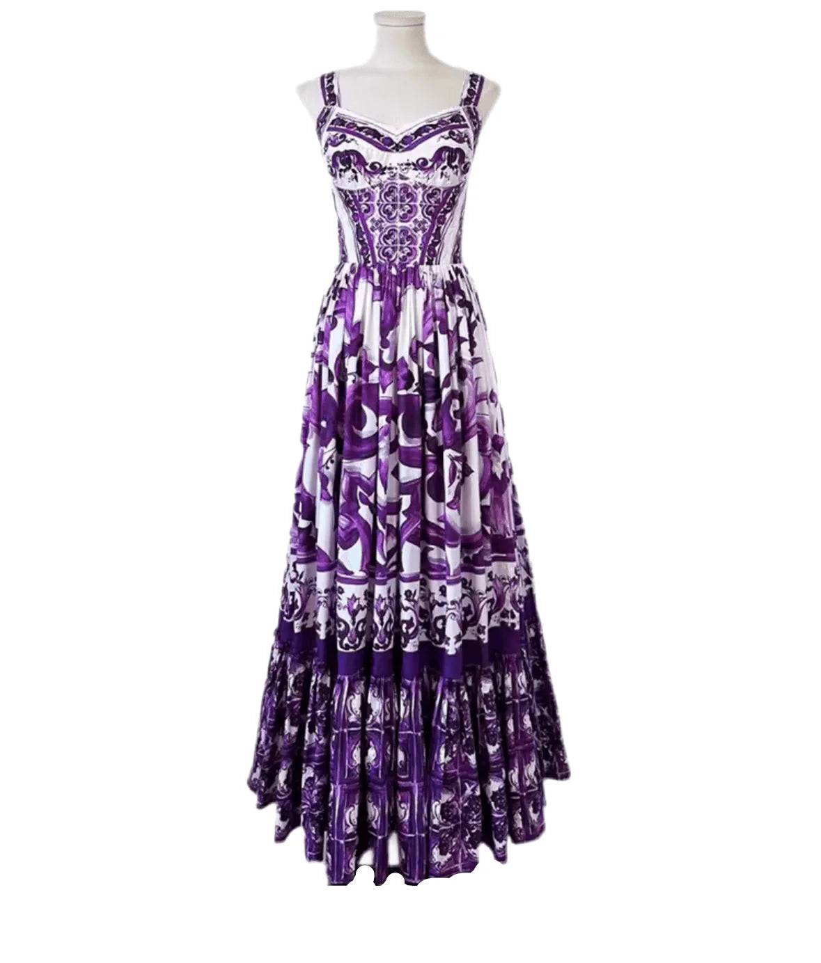 Italian Purple “Majolica-Inspired” Tile Print 100% Cotton Sleeveless Maxi Dress – Elegant Summer Vacation Women’s Dress