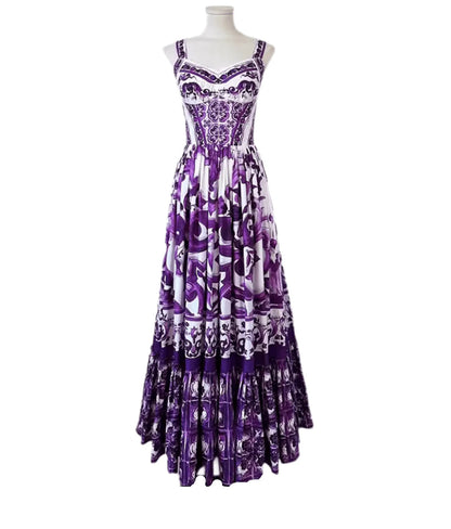 Italian Purple “Majolica-Inspired” Tile Print 100% Cotton Sleeveless Maxi Dress – Elegant Summer Vacation Women’s Dress