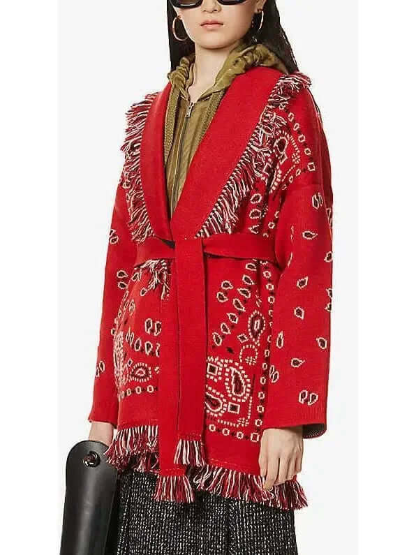 Red Jacquard Long Cardigan for Women