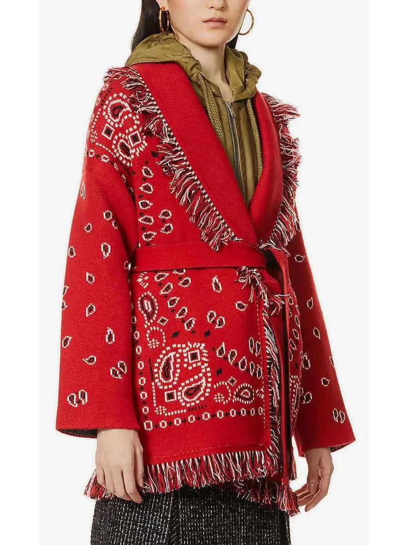 Red Jacquard Long Cardigan for Women