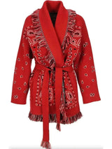 Red Jacquard Long Cardigan for Women