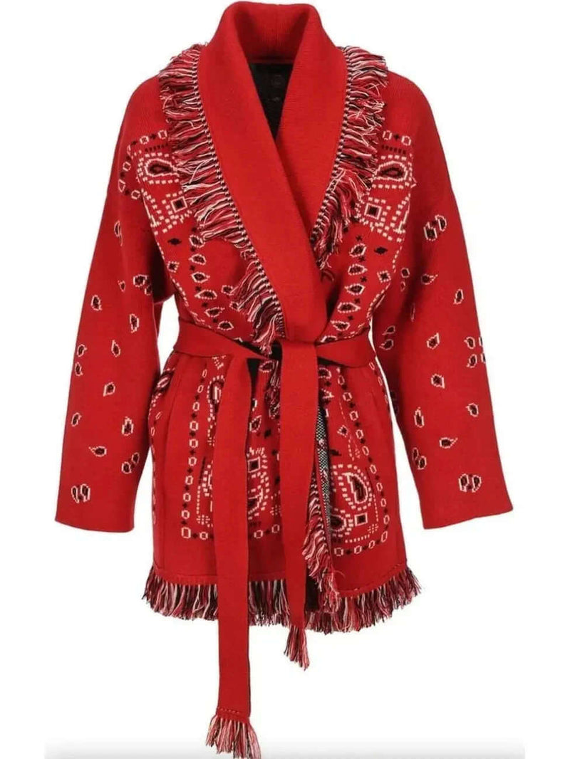 Red Jacquard Long Cardigan for Women