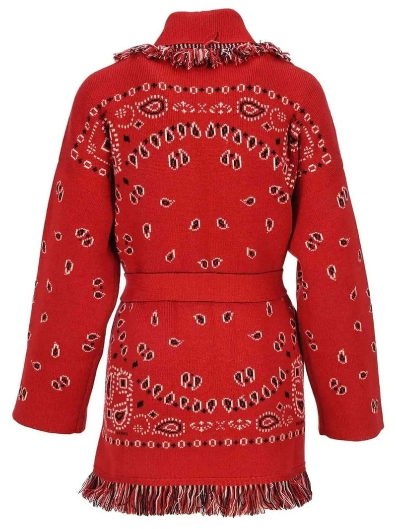 Red Jacquard Long Cardigan for Women