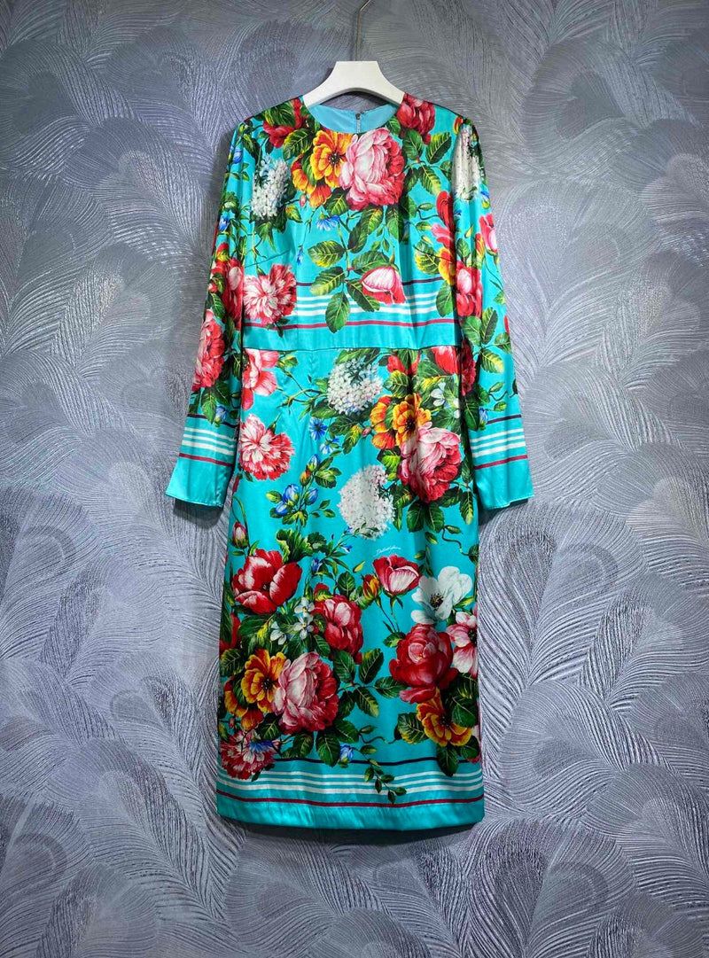 Women Floral Stripe-Print Long-Sleeve High Quality Silk Midi Dress