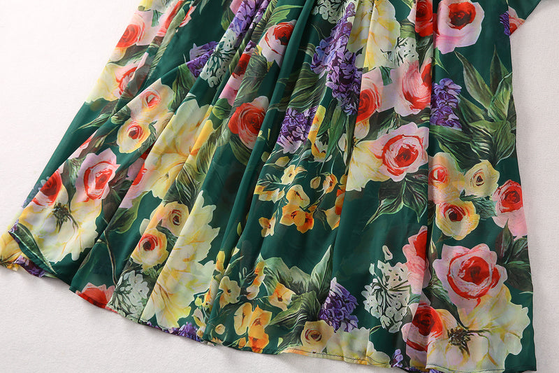 Women Flora Print Long Cape Sleeve Fit-&-Flare Chiffon Gown Maxi Evening Dress