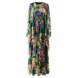 Women Flora Print Long Cape Sleeve Fit-&-Flare Chiffon Silk Gown Maxi Evening Dress