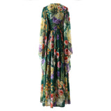 Women Flora Print Long Cape Sleeve Fit-&-Flare Chiffon Silk Gown Maxi Evening Dress