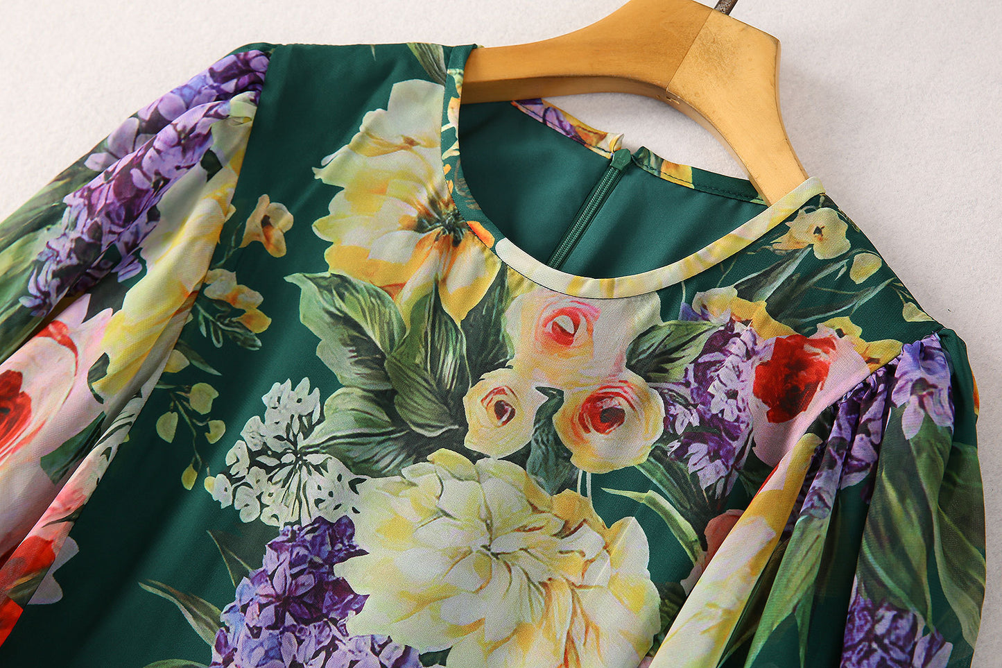 Women Flora Print Long Cape Sleeve Fit-&-Flare Chiffon Silk Gown Maxi Evening Dress