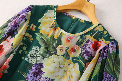 Women Flora Print Long Cape Sleeve Fit-&-Flare Chiffon Silk Gown Maxi Evening Dress
