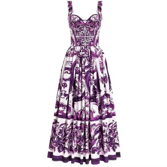 Italian Purple “Majolica-Inspired” Tile Print 100% Cotton Sleeveless Maxi Dress – Elegant Summer Vacation Women’s Dress