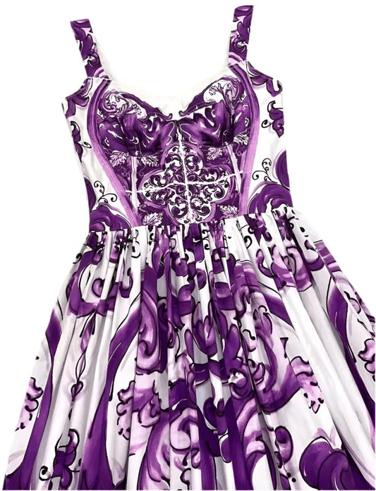 Italian Purple “Majolica-Inspired” Tile Print 100% Cotton Sleeveless Maxi Dress – Elegant Summer Vacation Women’s Dress