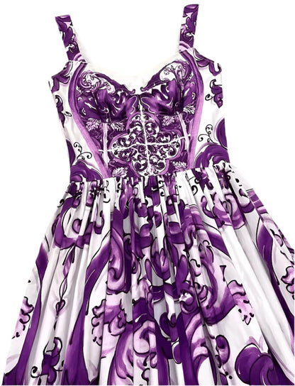 Italian Purple “Majolica-Inspired” Tile Print 100% Cotton Sleeveless Maxi Dress – Elegant Summer Vacation Women’s Dress