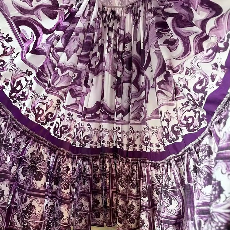 Italian Purple “Majolica-Inspired” Tile Print 100% Cotton Sleeveless Maxi Dress – Elegant Summer Vacation Women’s Dress