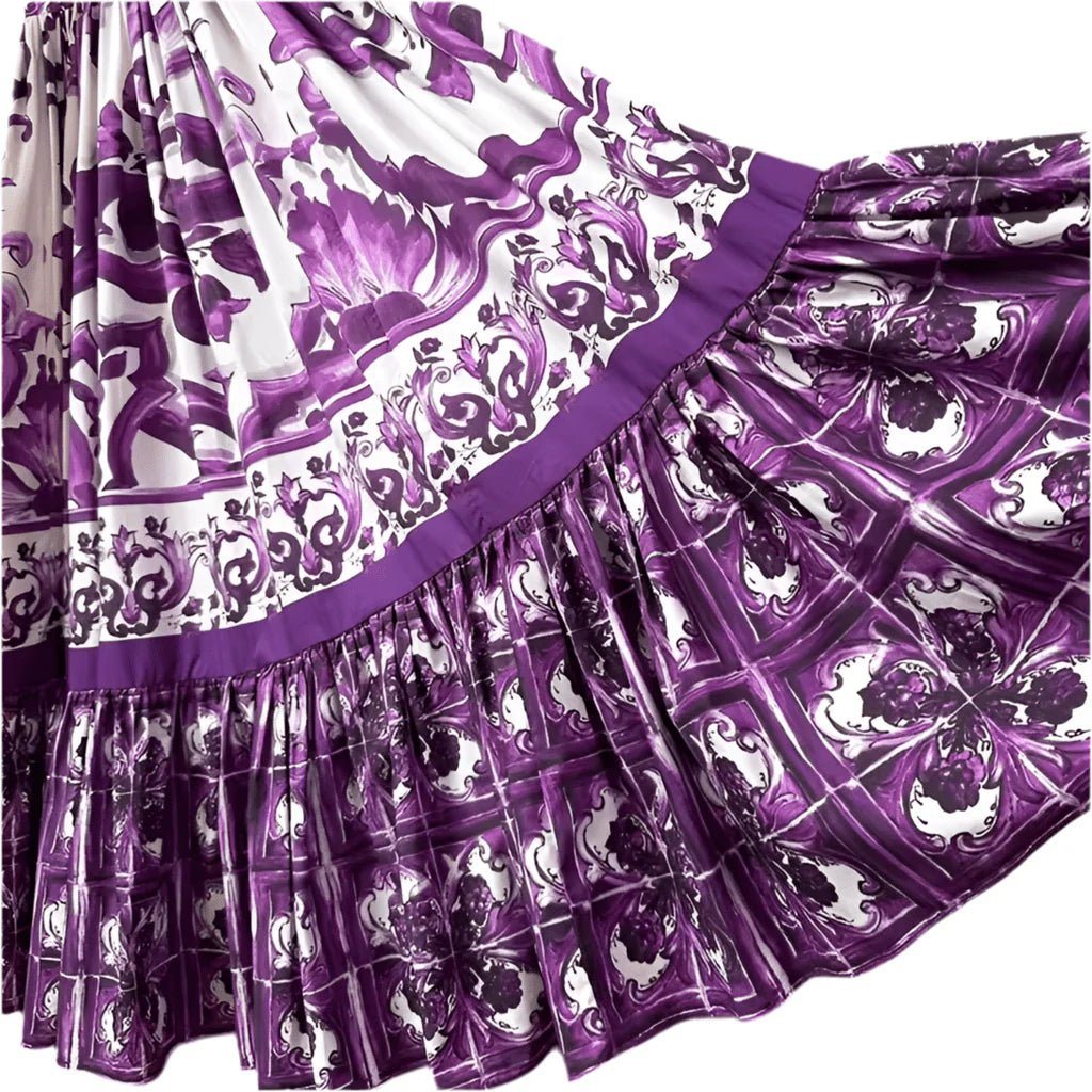 Italian Purple “Majolica-Inspired” Tile Print 100% Cotton Sleeveless Maxi Dress – Elegant Summer Vacation Women’s Dress