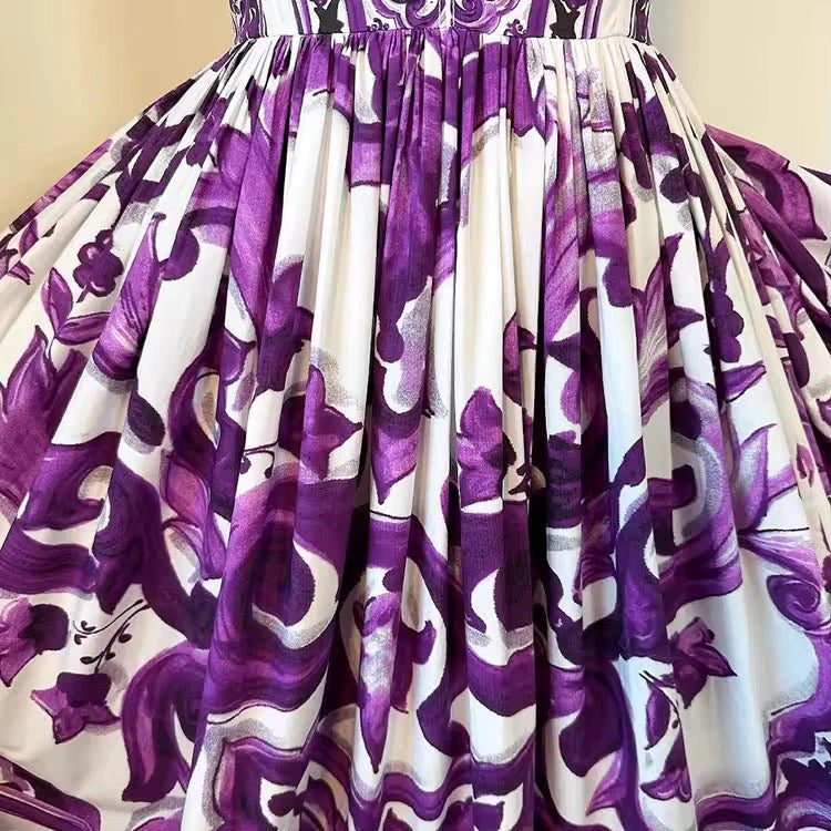 Italian Purple “Majolica-Inspired” Tile Print 100% Cotton Sleeveless Maxi Dress – Elegant Summer Vacation Women’s Dress