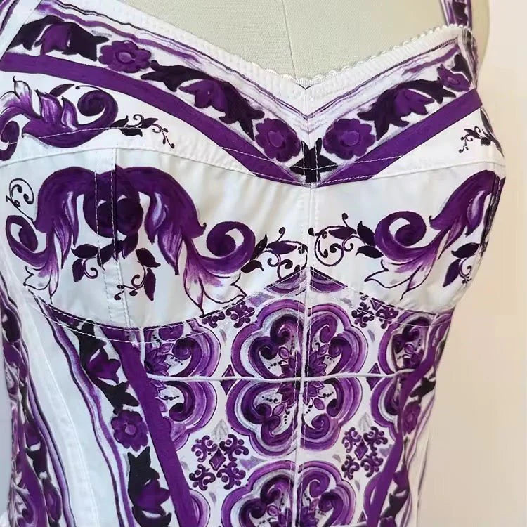 Italian Purple “Majolica-Inspired” Tile Print 100% Cotton Sleeveless Maxi Dress – Elegant Summer Vacation Women’s Dress