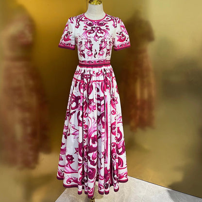 Designer Runway Inspired Summer Women's Cotton Midi Dress With Luxury Fashion Print Pattern
