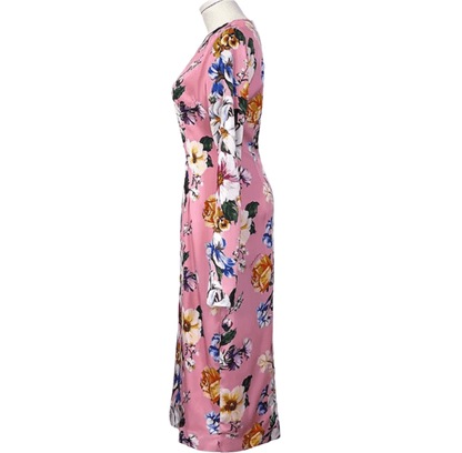 Italian Designer Magnolia Print 100% Silk Long Sleeve Midi Dress – Elegant Women’s Luxury Fashion