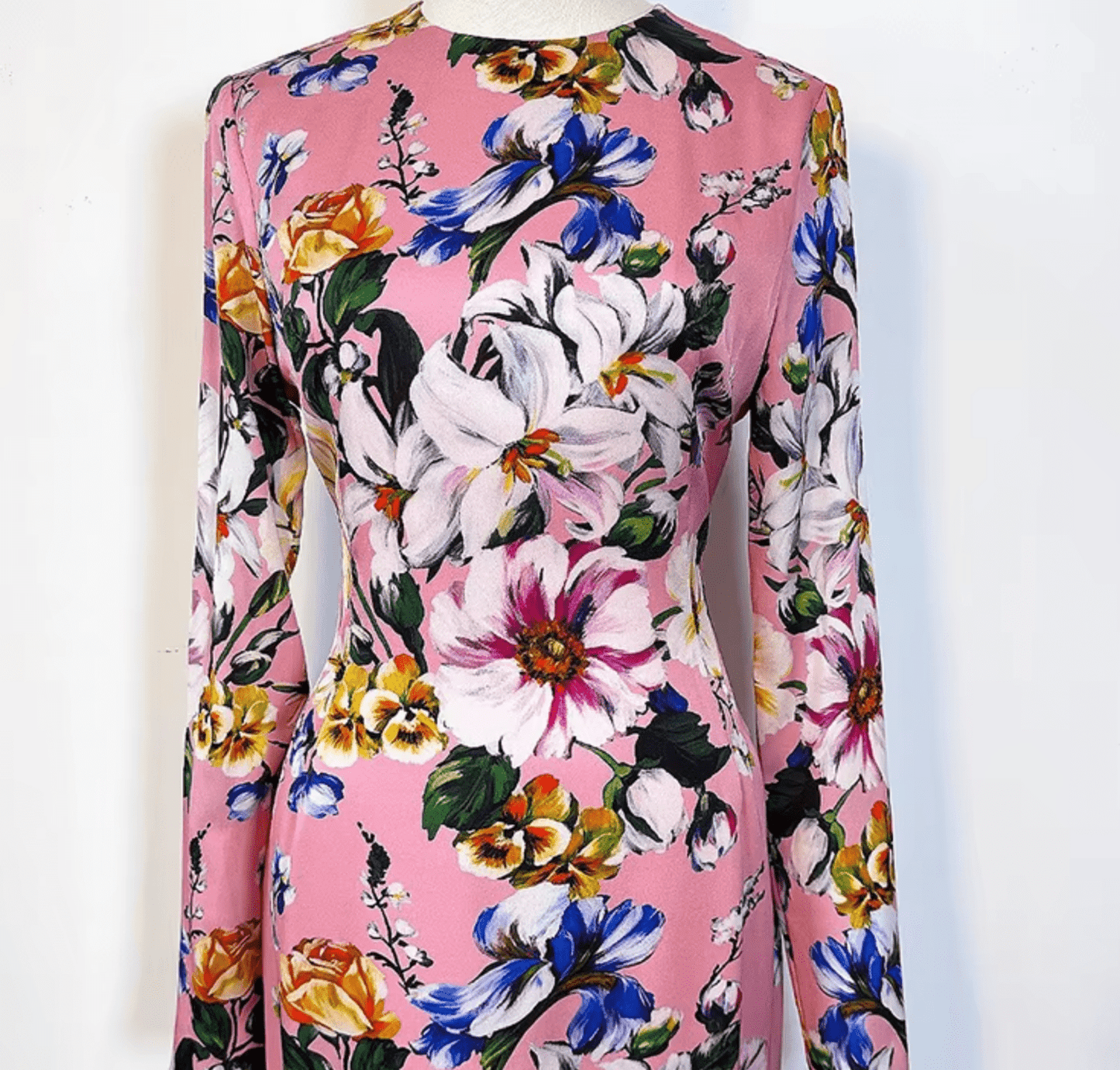 Italian Designer Magnolia Print 100% Silk Long Sleeve Midi Dress – Elegant Women’s Luxury Fashion