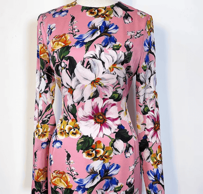 Italian Designer Magnolia Print 100% Silk Long Sleeve Midi Dress – Elegant Women’s Luxury Fashion