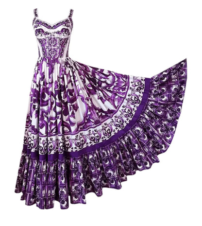 Italian Purple “Majolica-Inspired” Tile Print 100% Cotton Sleeveless Maxi Dress – Elegant Summer Vacation Women’s Dress
