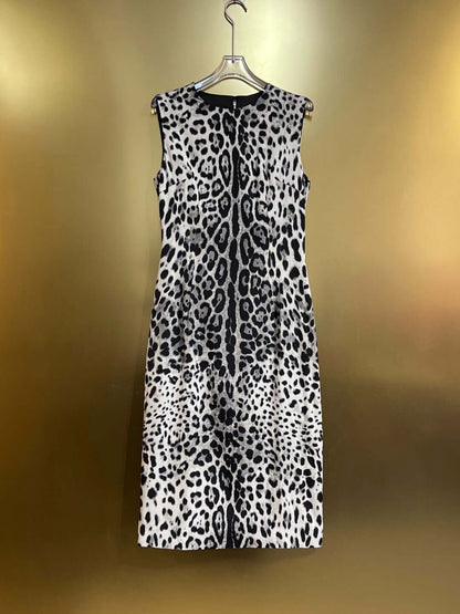 Women Silk Black Leopard Print Midi Dress