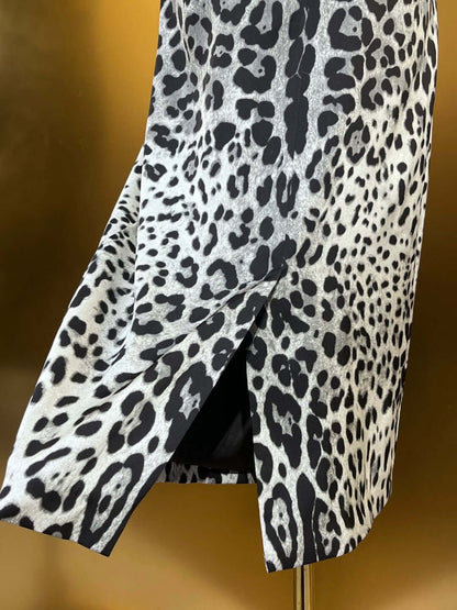 Women Silk Black Leopard Print Midi Dress