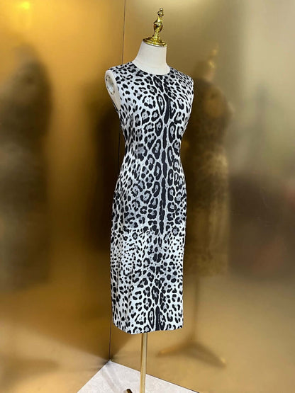 Women Silk Black Leopard Print Midi Dress