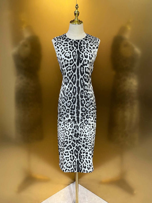 Women Silk Black Leopard Print Midi Dress