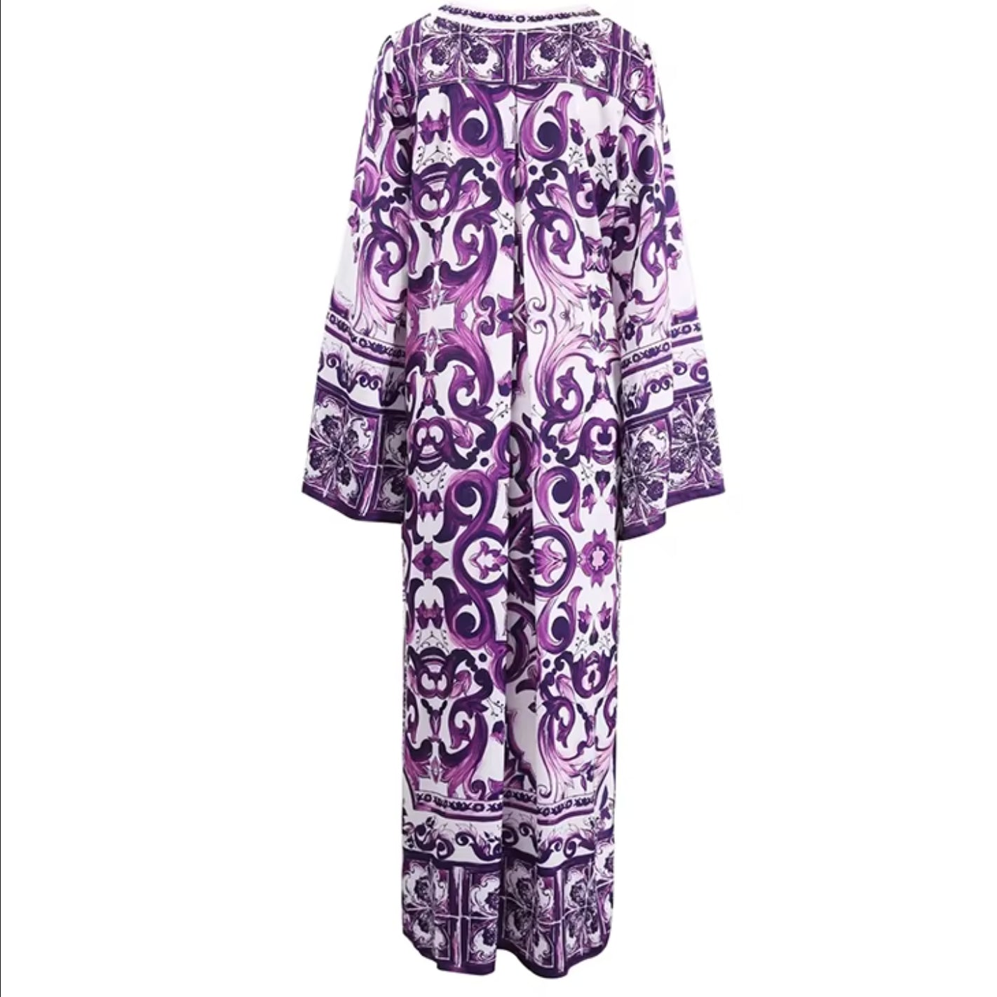 Purple Majolica Porcelain Print Maxi Kaftan Dress for Women | Luxury Boho Silk Resort Beach Vacation Dress Plus Size