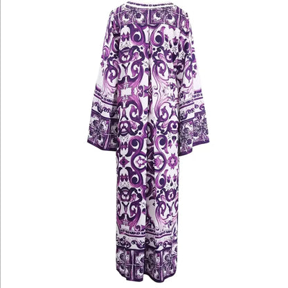 Purple Majolica Porcelain Print Maxi Kaftan Dress for Women | Luxury Boho Silk Resort Beach Vacation Dress Plus Size