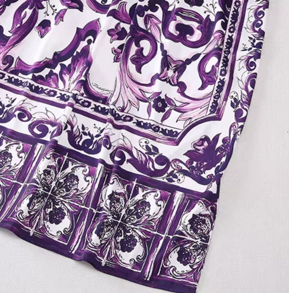 Purple Majolica Porcelain Print Maxi Kaftan Dress for Women | Luxury Boho Silk Resort Beach Vacation Dress Plus Size