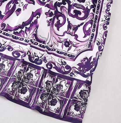 Purple Majolica Porcelain Print Maxi Kaftan Dress for Women | Luxury Boho Silk Resort Beach Vacation Dress Plus Size