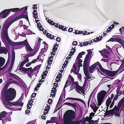 Purple Majolica Porcelain Print Maxi Kaftan Dress for Women | Luxury Boho Silk Resort Beach Vacation Dress Plus Size