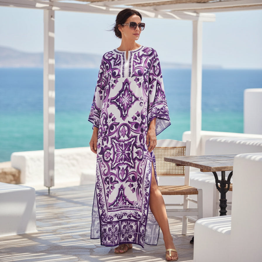 Purple Majolica Porcelain Print Maxi Kaftan Dress for Women | Luxury Boho Silk Resort Beach Vacation Dress Plus Size