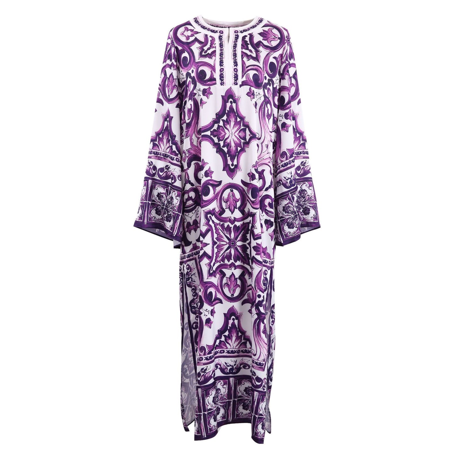 Purple Majolica Porcelain Print Maxi Kaftan Dress for Women | Luxury Boho Silk Resort Beach Vacation Dress Plus Size