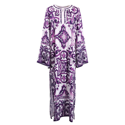 Purple Majolica Porcelain Print Maxi Kaftan Dress for Women | Luxury Boho Silk Resort Beach Vacation Dress Plus Size