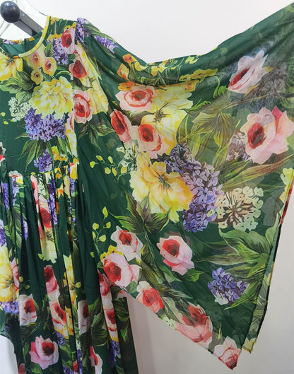Women Flora Print Long Cape Sleeve Fit-&-Flare Chiffon Silk Gown Maxi Evening Dress