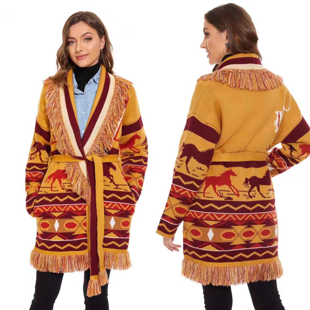 BOHO GYPSY Stylish Wild Roads Jacquard Cardigan With Fringed Edges