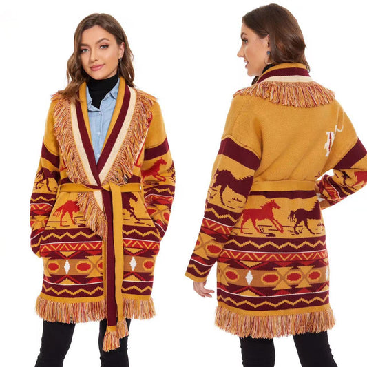 BOHO GYPSY Stylish Wild Roads Jacquard Cardigan With Fringed Edges
