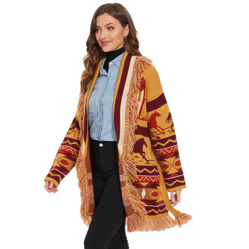 BOHO GYPSY Stylish Wild Roads Jacquard Cardigan With Fringed Edges