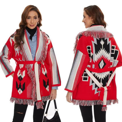 BOHO GYPSY stylish Icon Jacquard Belted Cardigan
