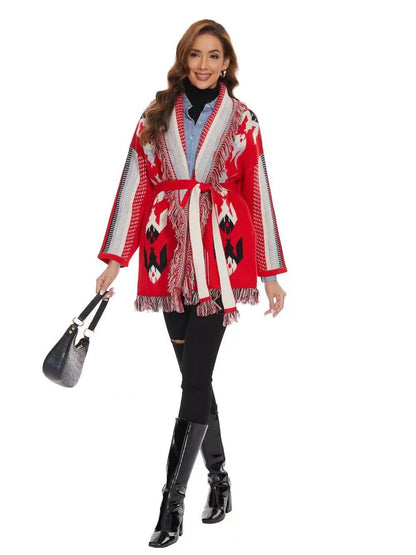 BOHO GYPSY stylish Icon Jacquard Belted Cardigan