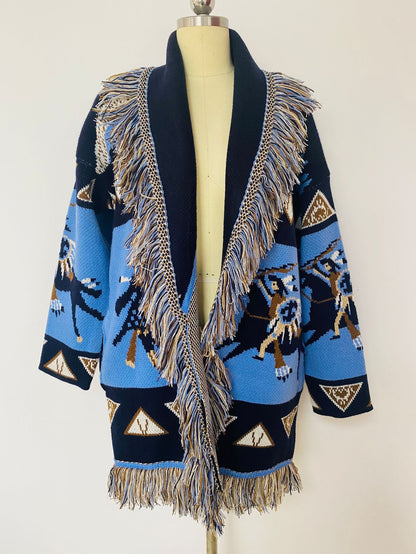 Blue Icon Jacquard Women Cardigan With Fringes Oversize