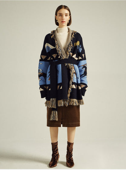 Blue Icon Jacquard Women Cardigan With Fringes Oversize
