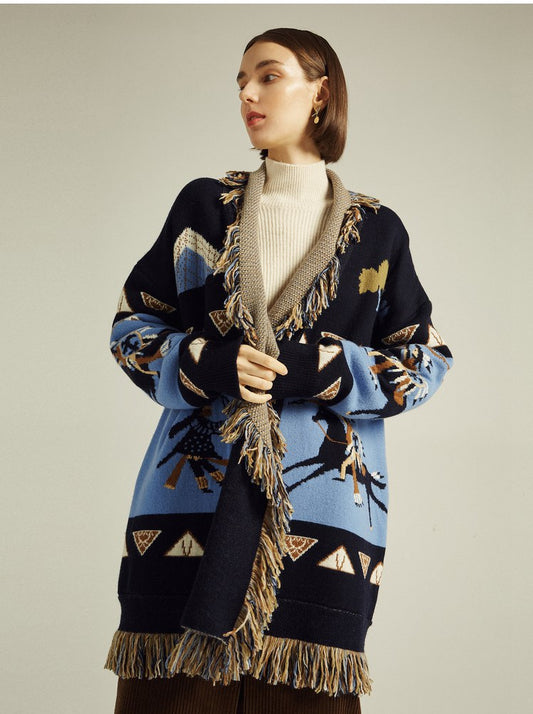 Blue Icon Jacquard Women Cardigan With Fringes Oversize