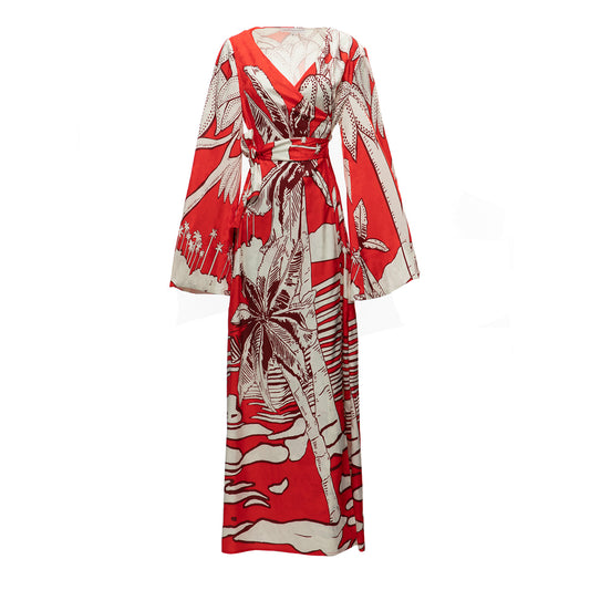 Designer Inspired Women Printed jacquard maxi dress in RED / GREEN